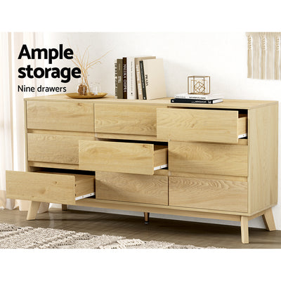 9 Drawer Lowboy Cabinet - Pine with nine spacious drawers, minimalist design, and angled legs in a light indoor setting