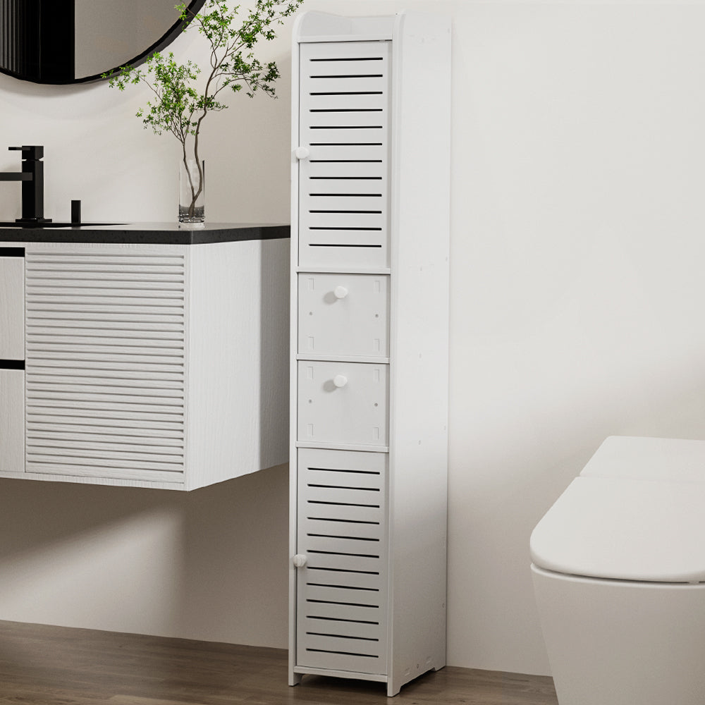Bathroom Toilet Storage Cabinet Laundry Tallboy Cupboard Slim Corner with ventilated doors and drawers in white finish