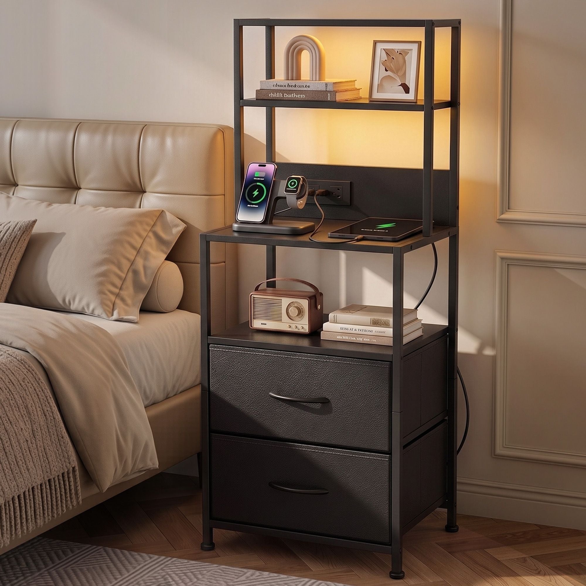 Bedside Table Tall Nightstand with Charging Station Drawers LED Black