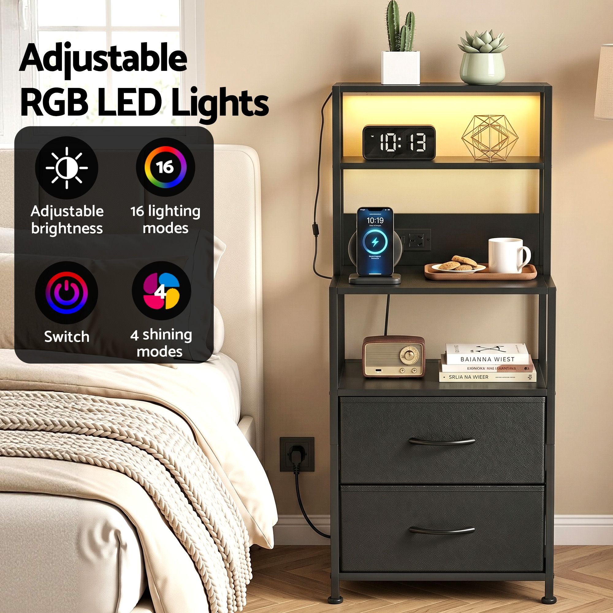 Tall Bedside Table Nightstand with Charging Station, Drawers & LED Lighting - Black