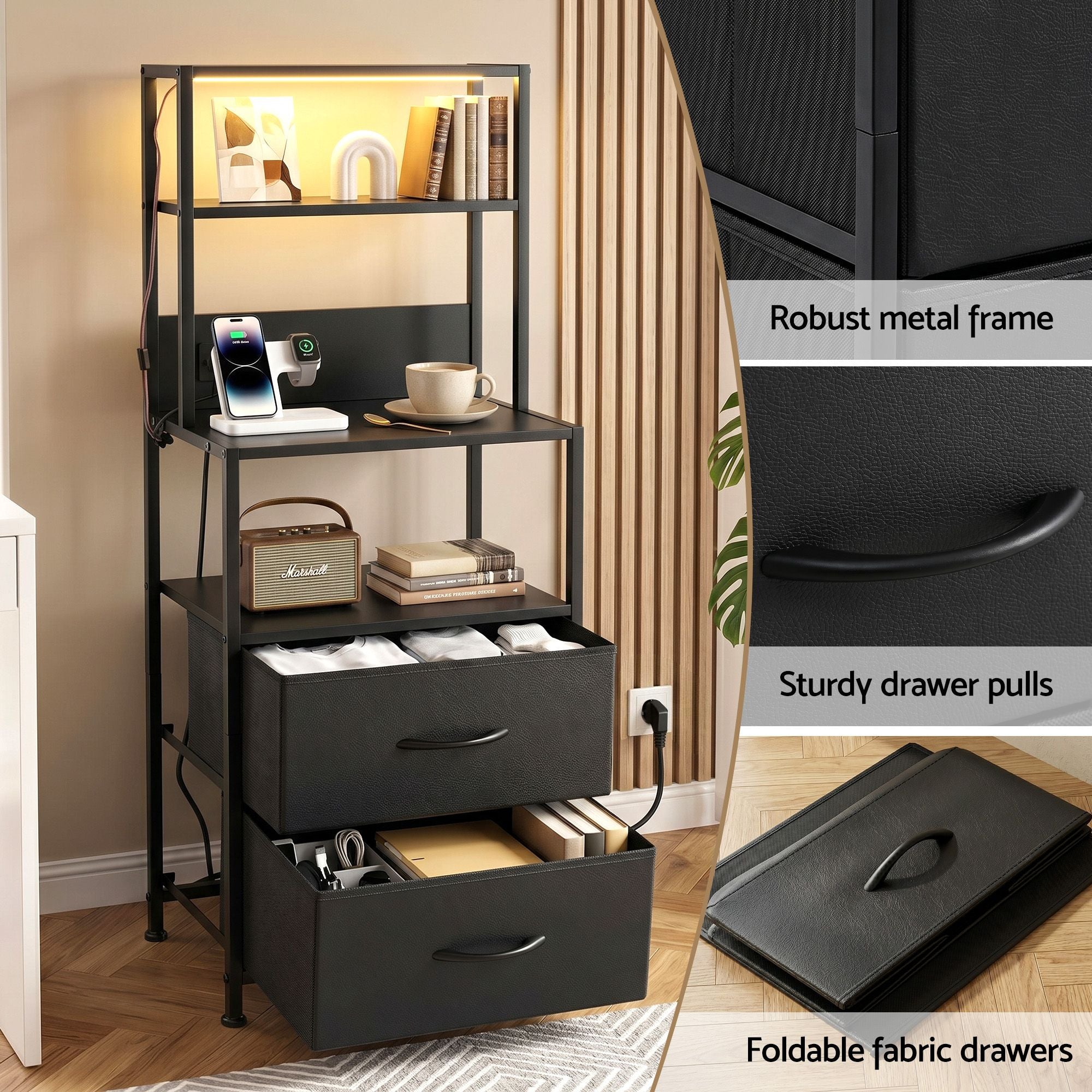 Tall Bedside Table Nightstand with Charging Station, Drawers & LED Lighting - Black