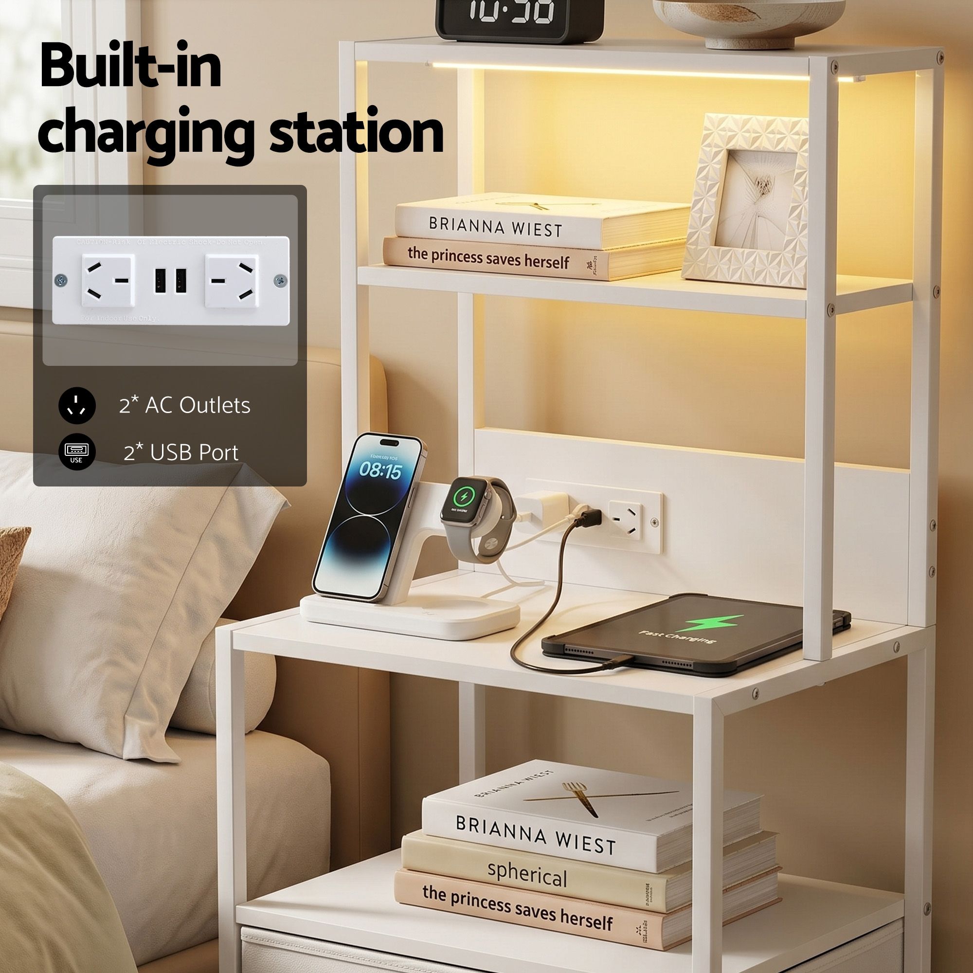 Tall Bedside Table Nightstand with Charging Station and LED Drawers - White