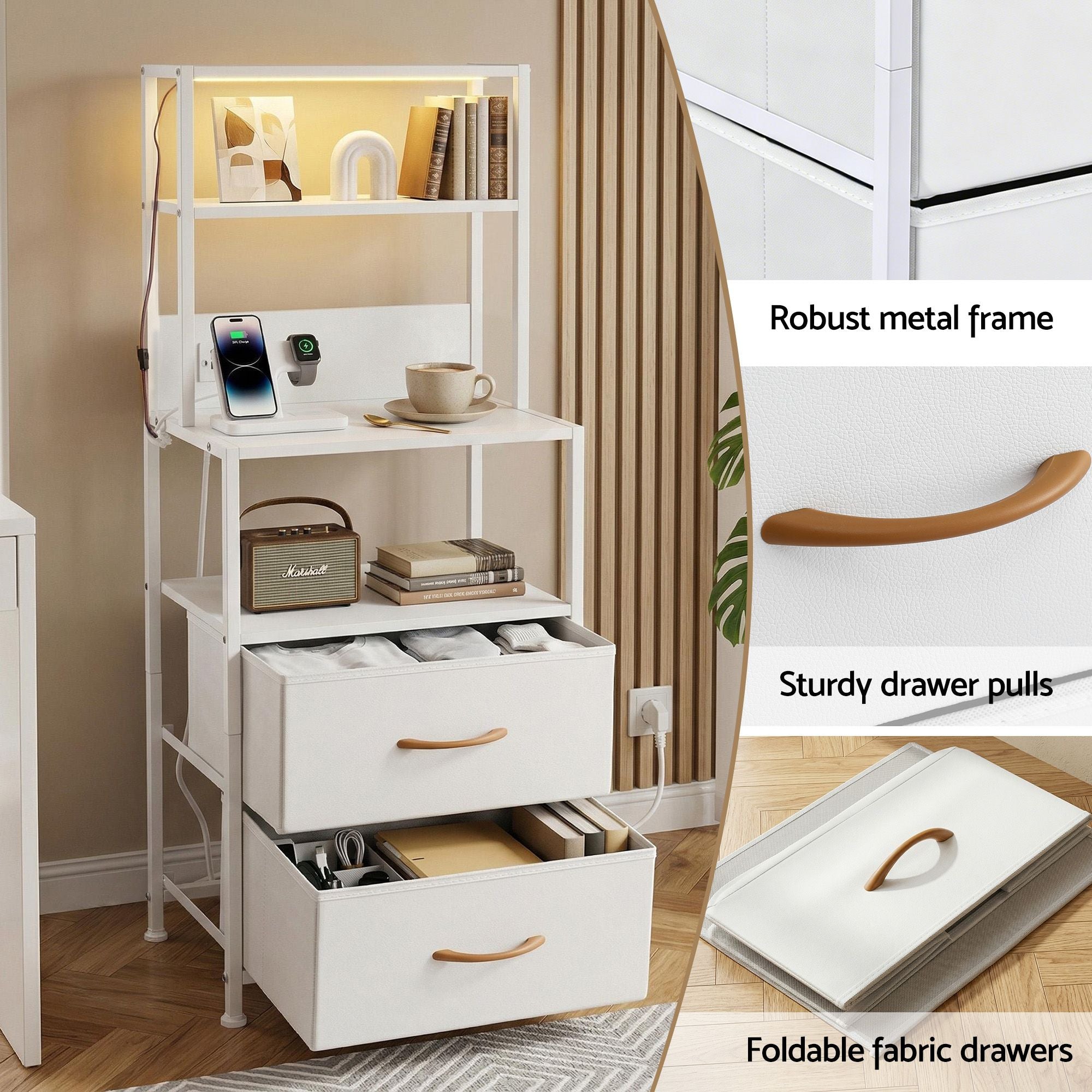 Tall Bedside Table Nightstand with Charging Station and LED Drawers - White