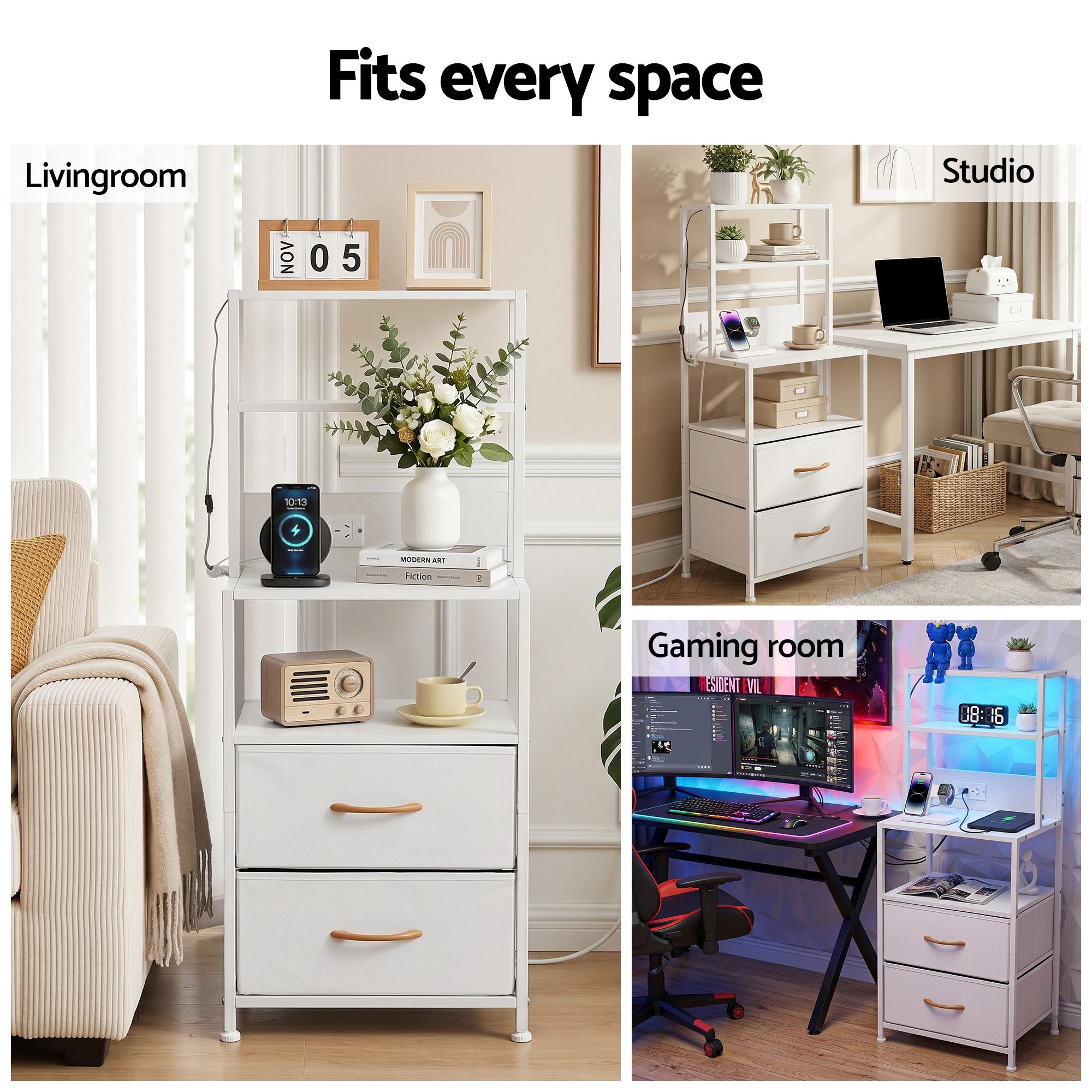 Tall Bedside Table Nightstand with Charging Station and LED Drawers - White