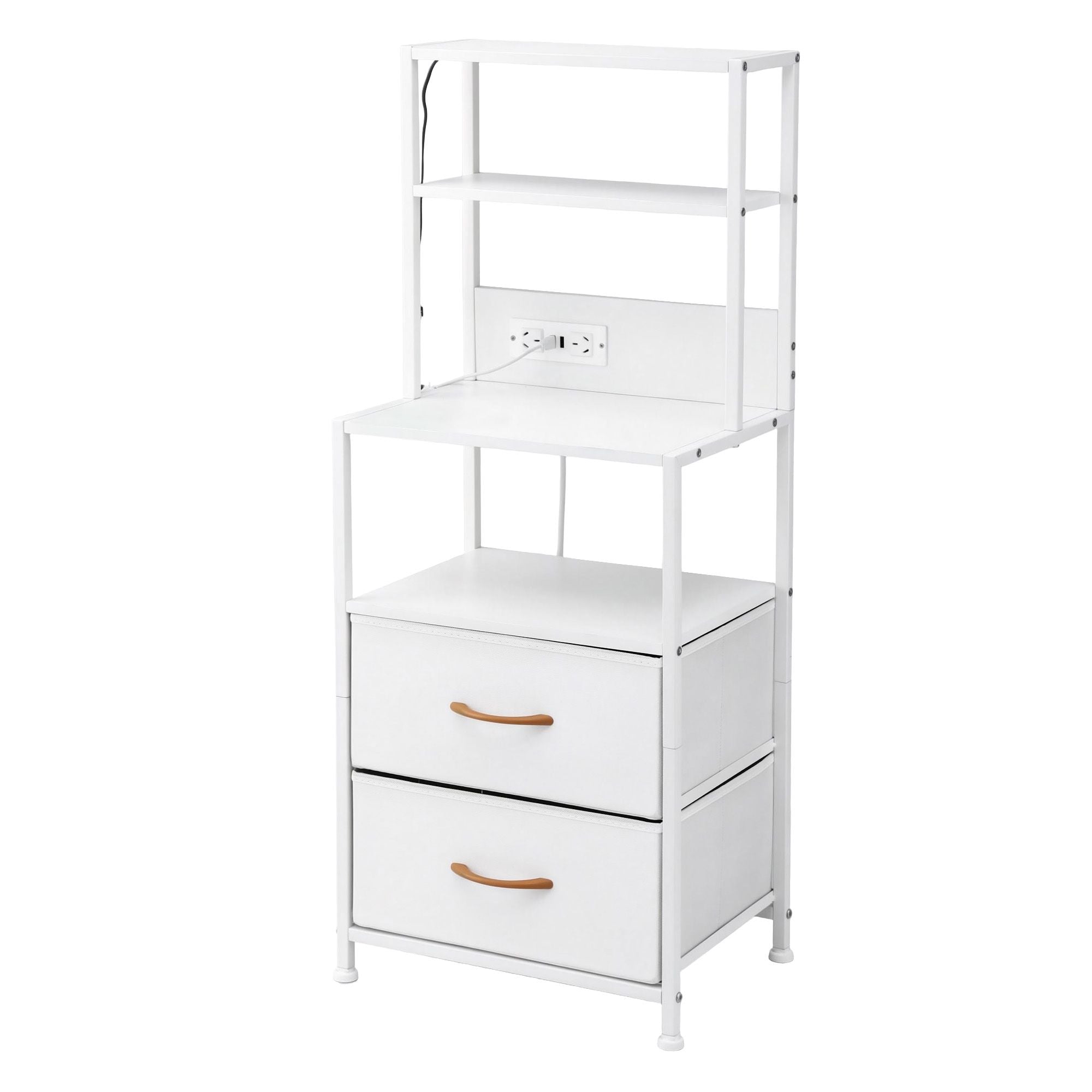 Tall Bedside Table Nightstand with Charging Station and LED Drawers - White