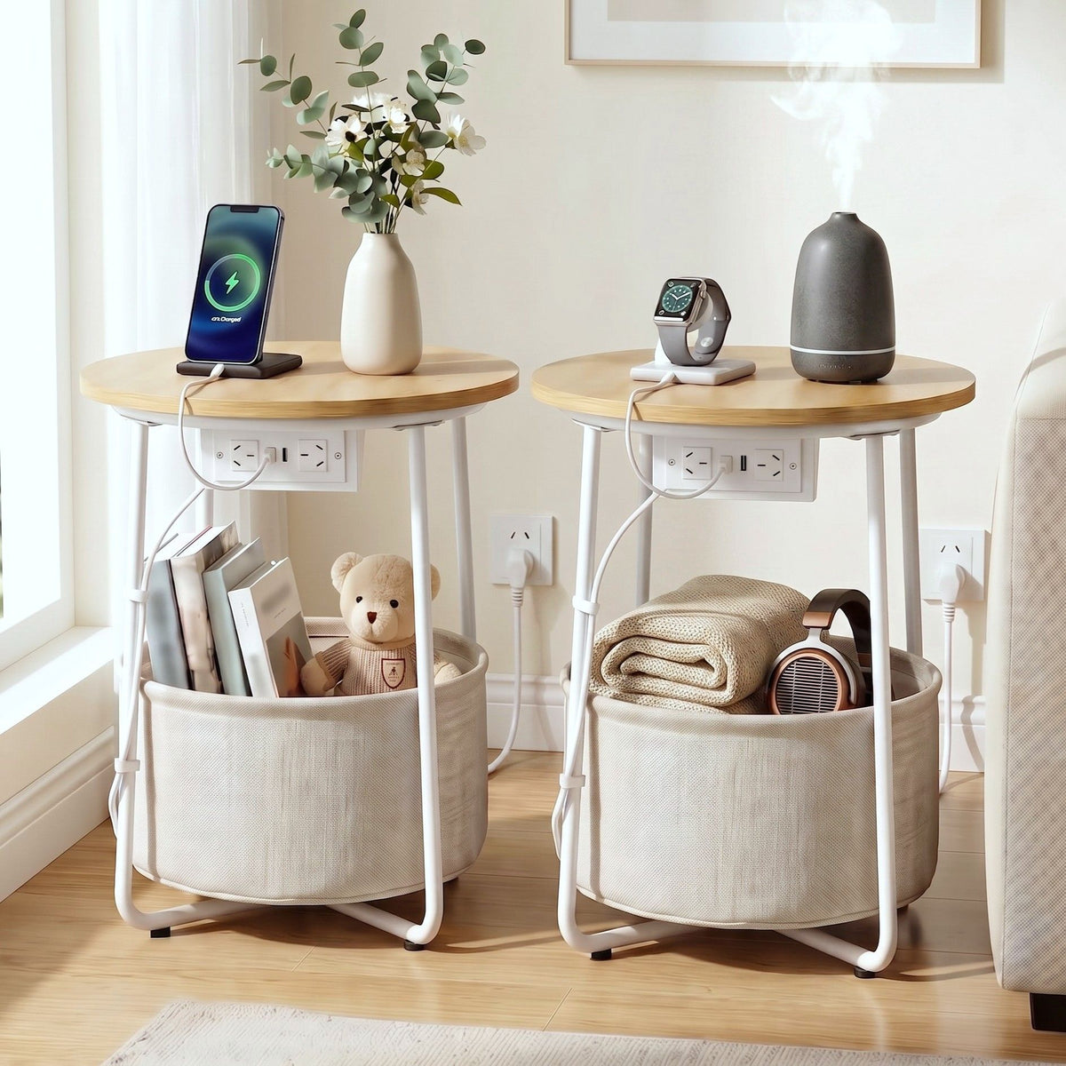 Set of 2 Round Coffee Tables with Charging Station and Storage Basket - Wood & White