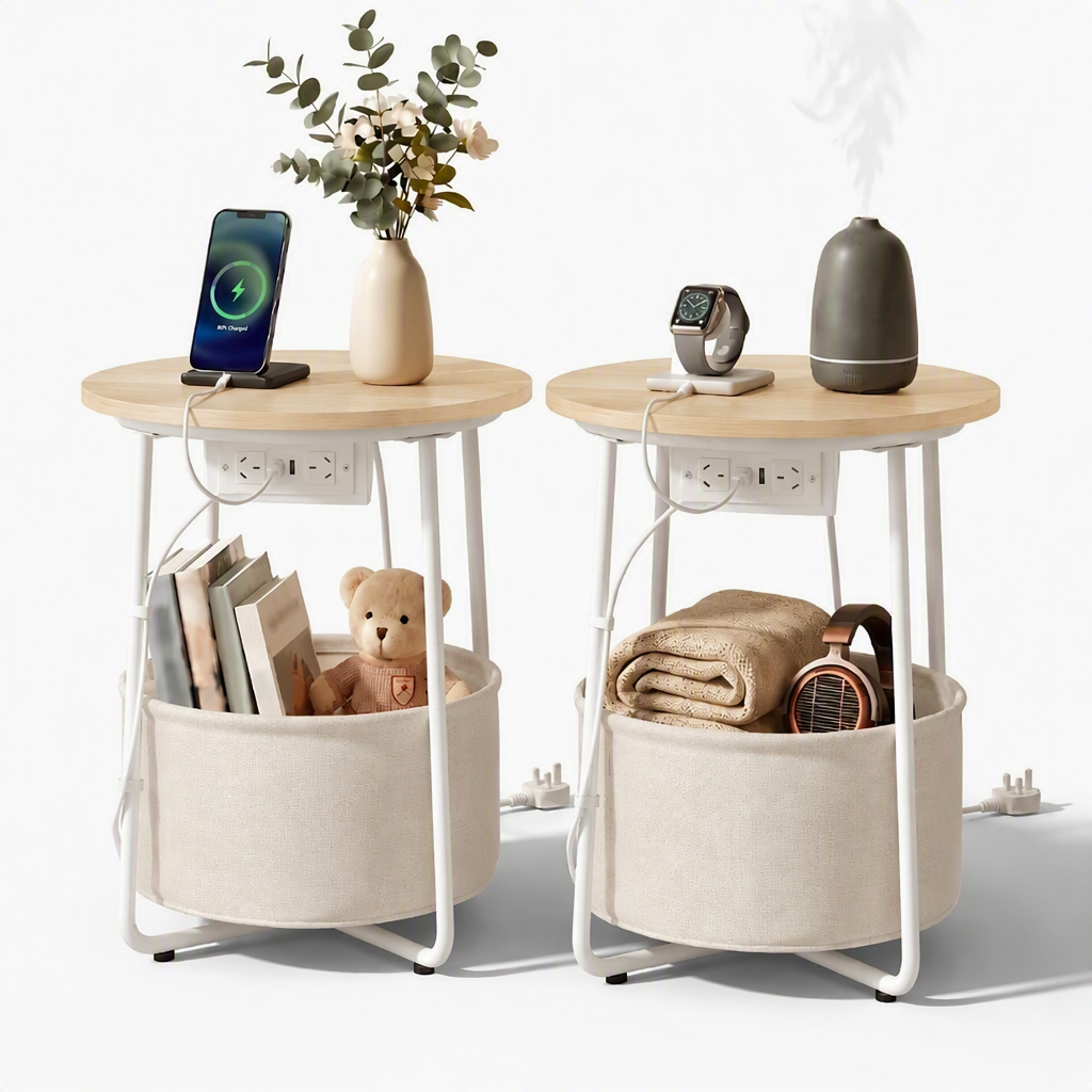 Set of 2 Round Coffee Tables with Charging Station and Storage Basket - Wood & White