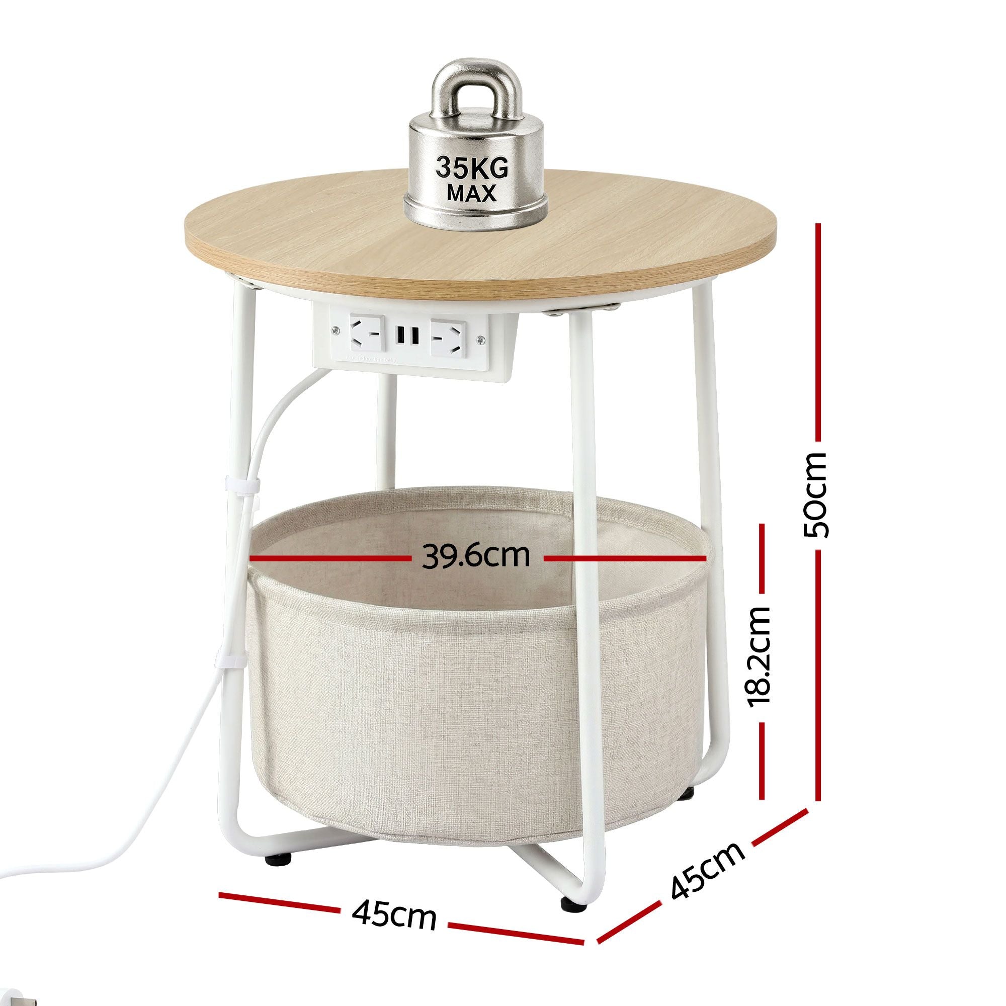 Set of 2 Round Coffee Tables with Charging Station and Storage Basket - Wood & White