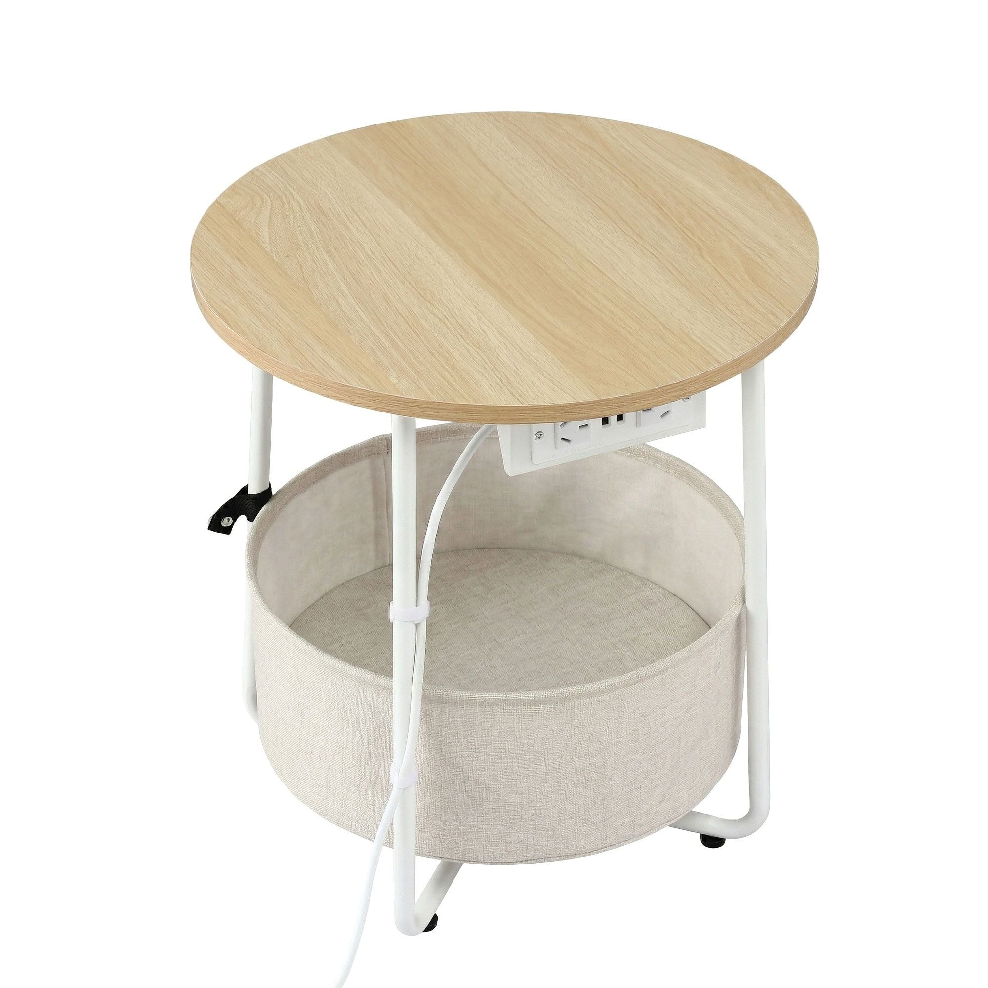 Set of 2 Round Coffee Tables with Charging Station and Storage Basket - Wood & White