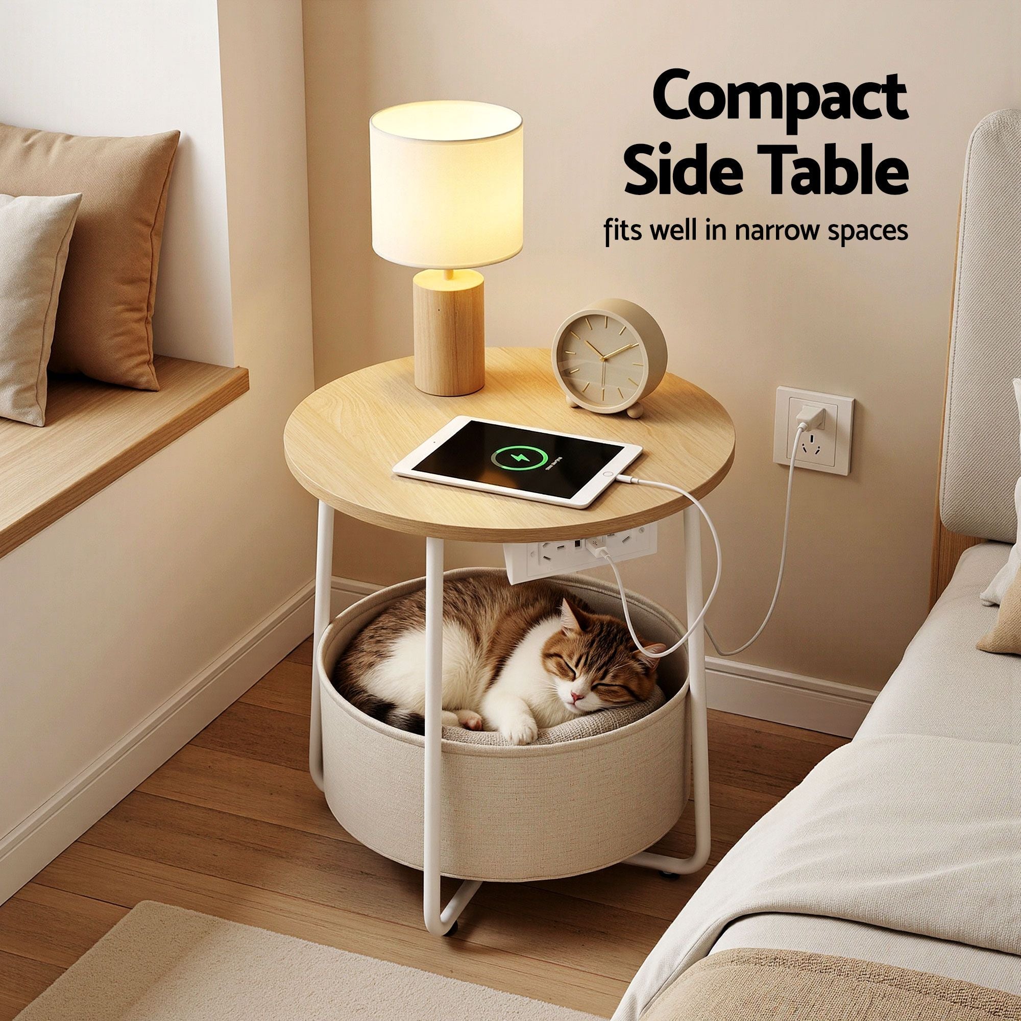 Set of 2 Round Coffee Tables with Charging Station and Storage Basket - Wood & White