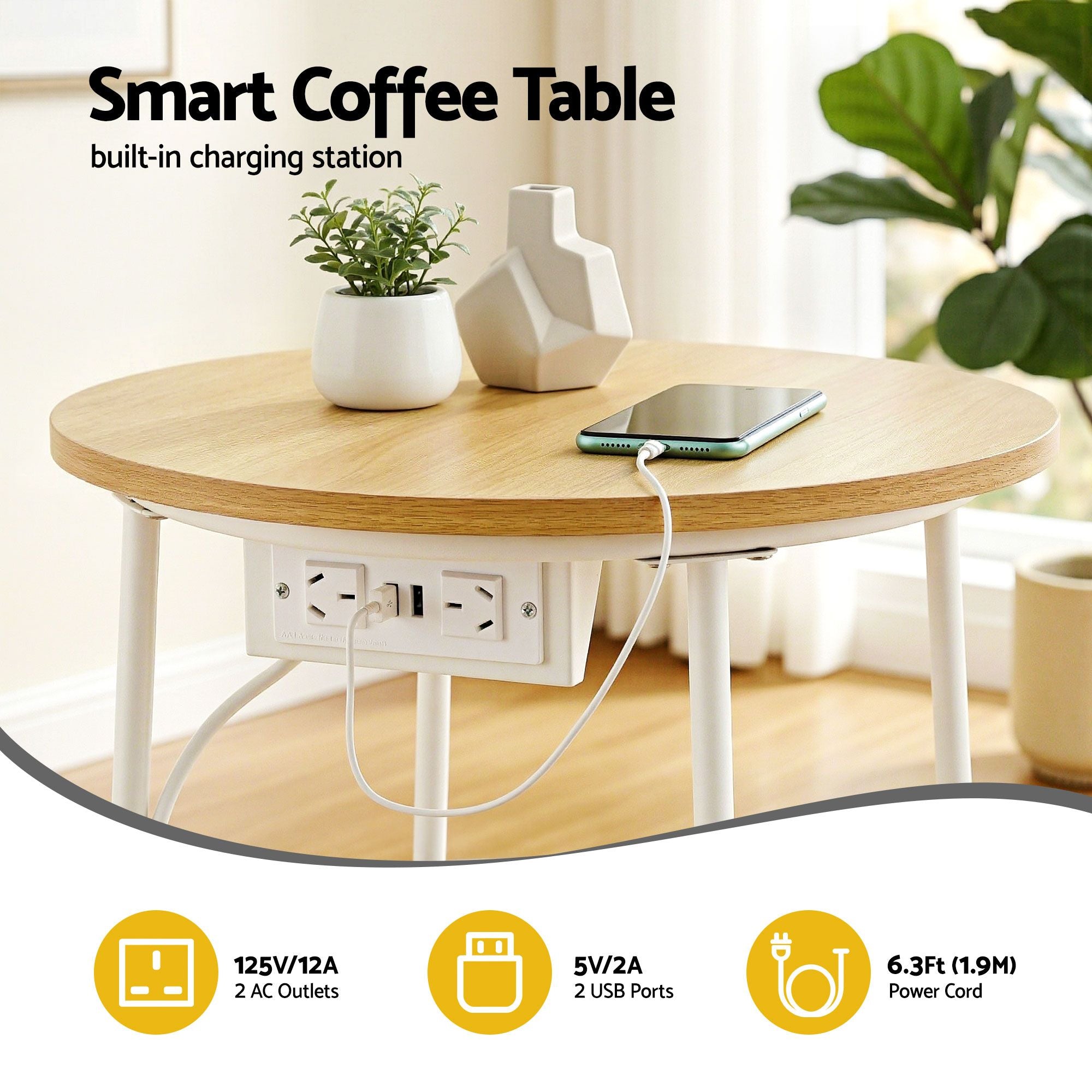 Set of 2 Round Coffee Tables with Charging Station and Storage Basket - Wood & White