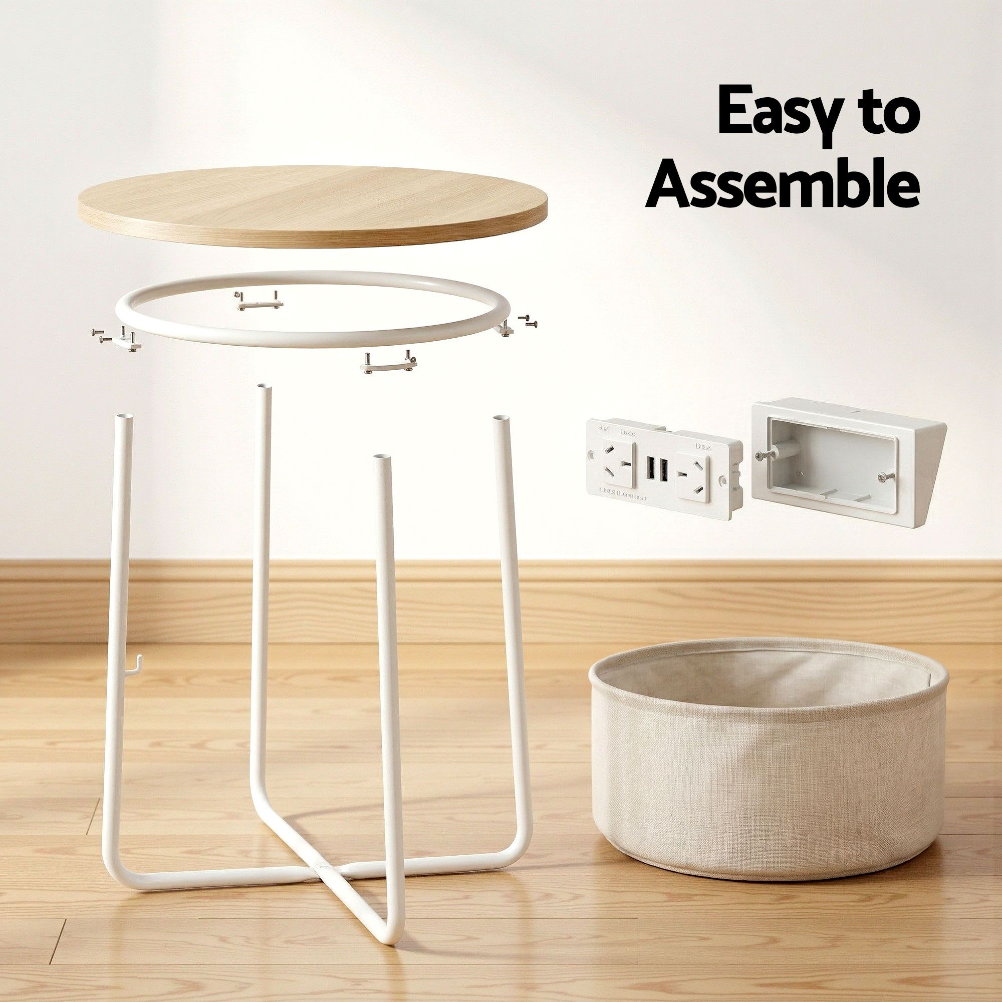 Set of 2 Round Coffee Tables with Charging Station and Storage Basket - Wood & White