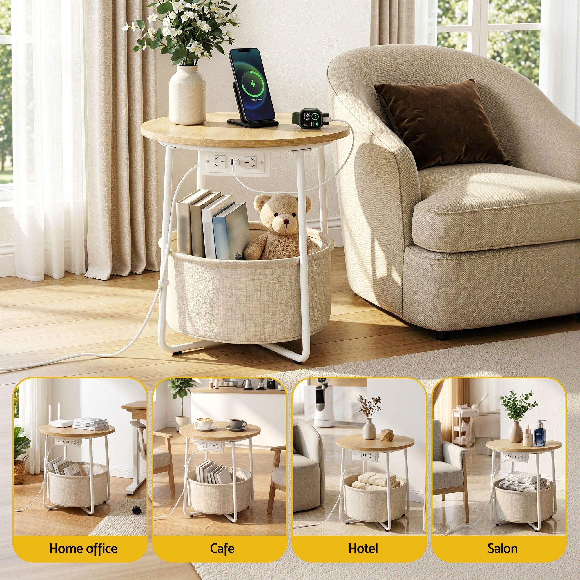 Set of 2 Round Coffee Tables with Charging Station and Storage Basket - Wood & White