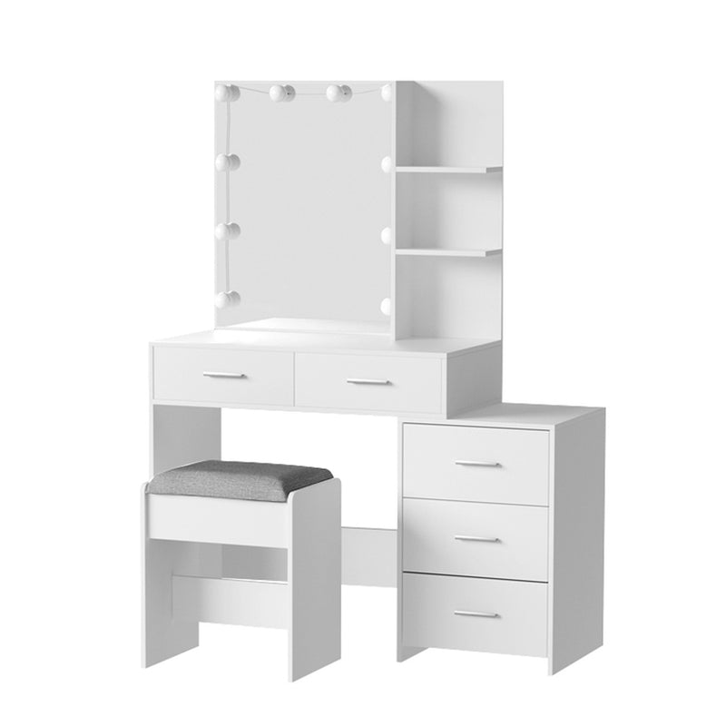 Dale LED Dressing Table Makeup Mirror and Stool Set White with drawers, shelves, cushioned stool, and Hollywood-style lights