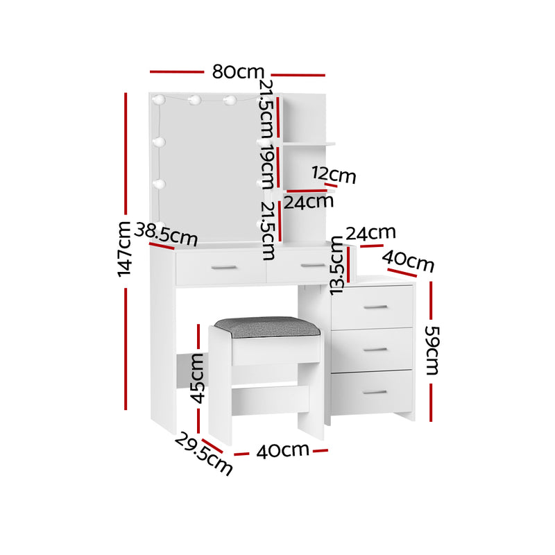 Dale LED Dressing Table Makeup Mirror and Stool Set White with drawers, shelving, and cushioned stool with dimensions shown