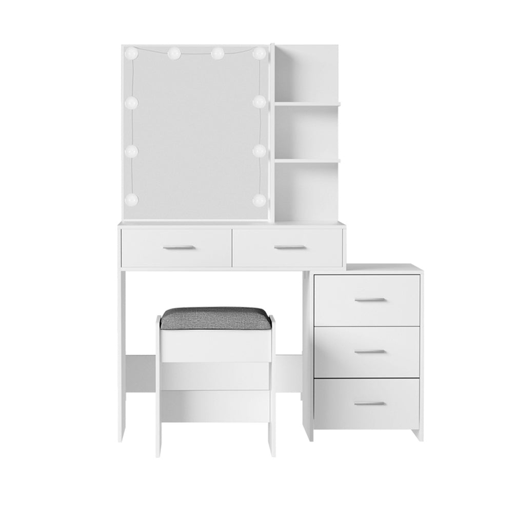 Dale LED Dressing Table Makeup Mirror and Stool Set White with shelves, drawers, and cushioned stool for bedroom furniture.