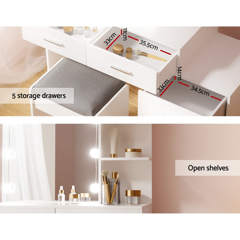 Dale LED Dressing Table Makeup Mirror and Stool Set White with five storage drawers and open shelves in bedroom setting