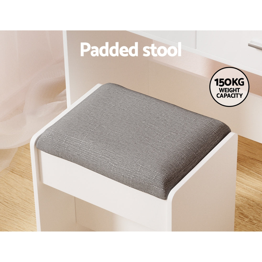 Dale LED Dressing Table Makeup Mirror and Stool Set White with padded gray fabric stool seat on wooden floor background