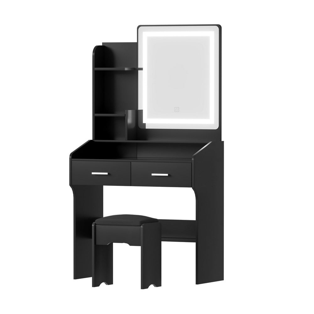 Dressing Table Set Stool Led Black with LED-lit mirror, two drawers, shelves, and matching stool for bedroom furniture use