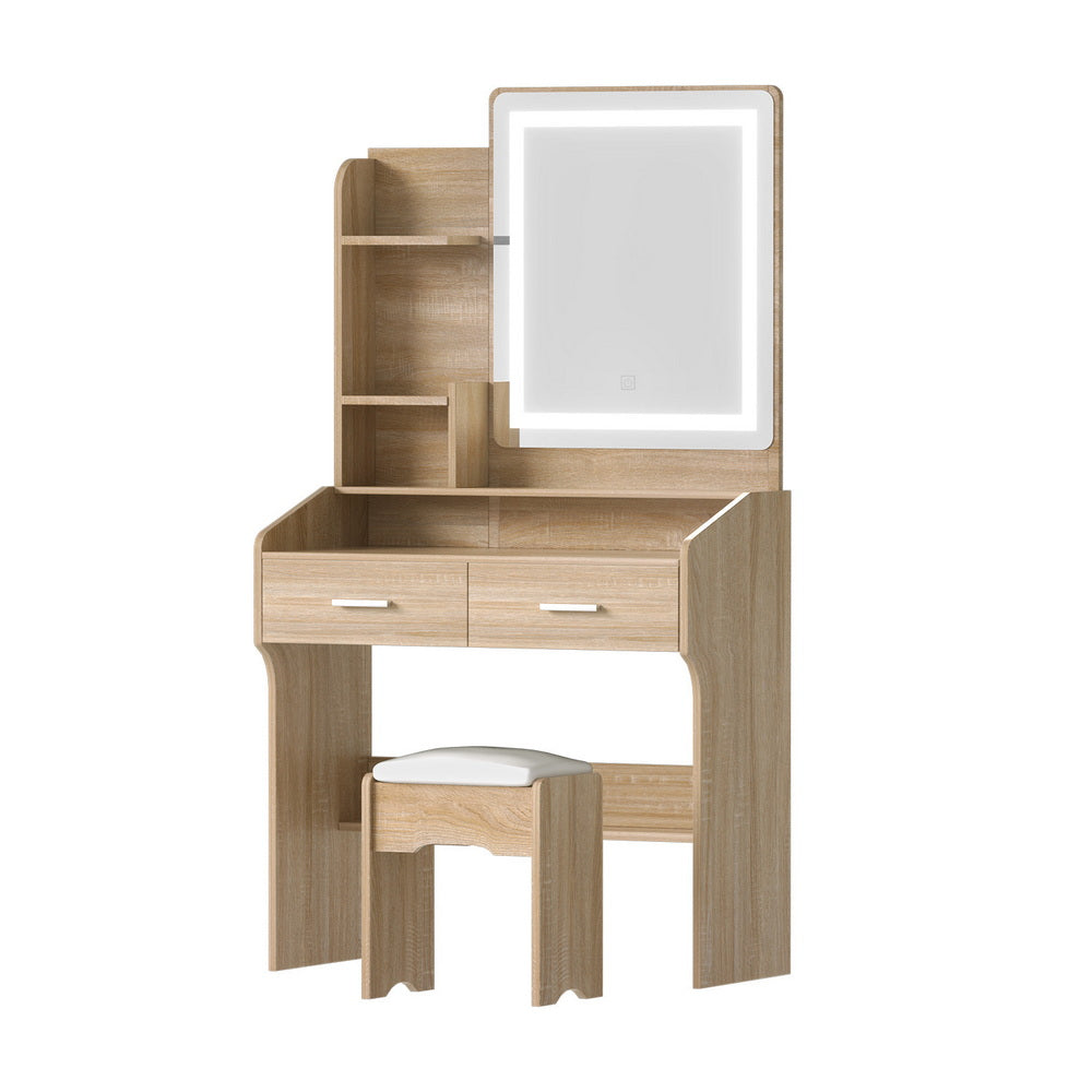 Dressing Table Set Stool Led Wood with LED-lit mirror, two drawers, open shelves, and cushioned stool in light wood finish