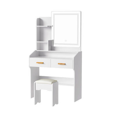 Doris LED Dressing Table Makeup Mirror with Stool Set White featuring shelves, drawers with wooden handles, and cushioned stool