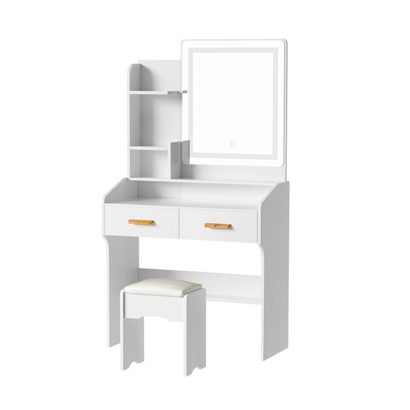 Doris LED Dressing Table Makeup Mirror with Stool Set White featuring shelves, drawers with wooden handles, and cushioned stool