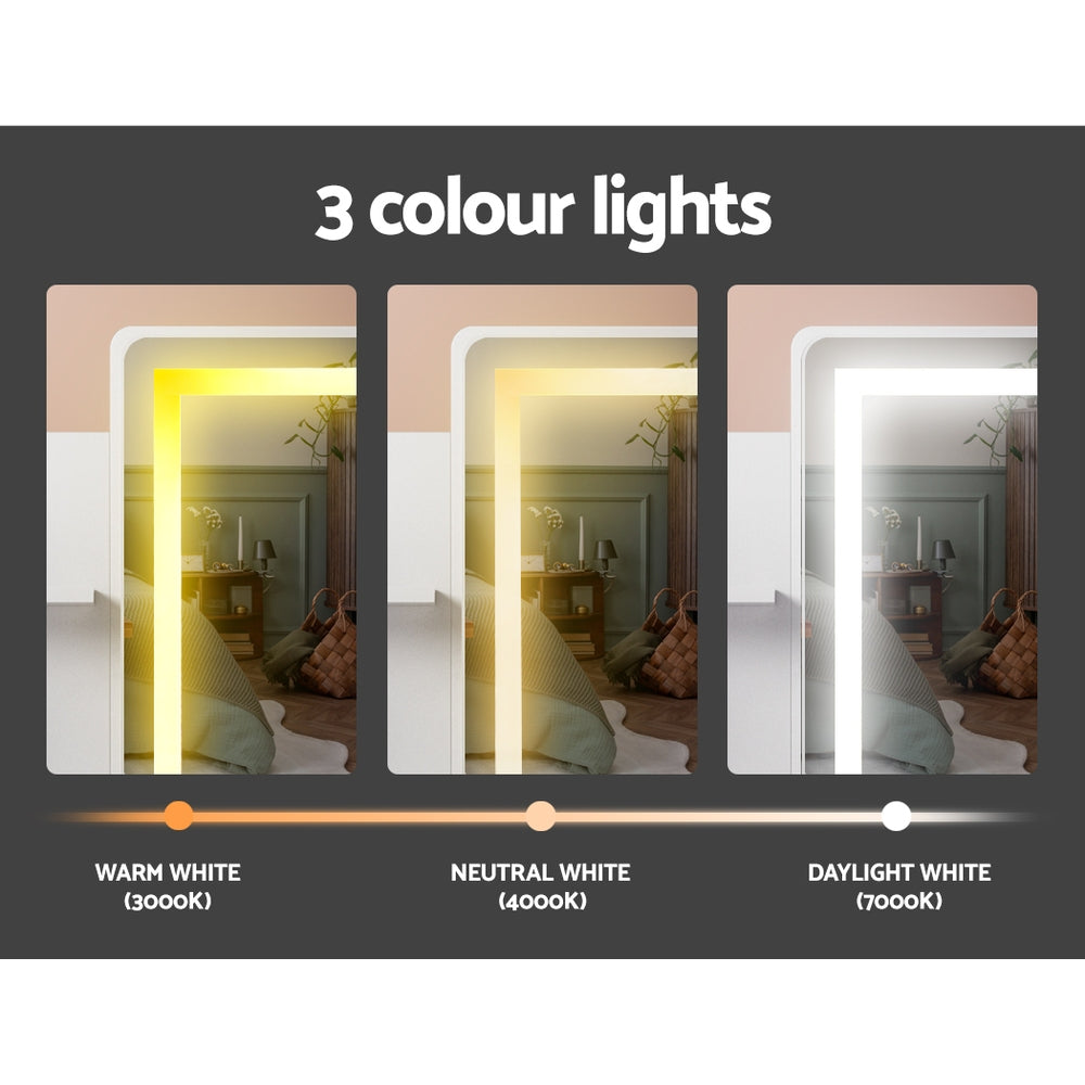 Doris LED Dressing Table Makeup Mirror with Stool Set White showing three color light settings: warm, neutral, and daylight white