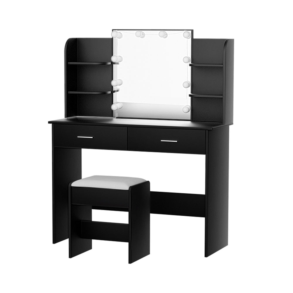 Dulcea LED Dressing Table Makeup Mirror and Stool Set Black with lighted mirror, shelves, drawers, and cushioned stool