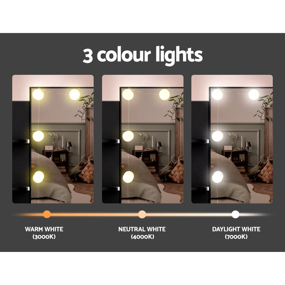 Dulcea LED Dressing Table Makeup Mirror and Stool Set Black showing three adjustable light colours for bedroom furniture use.