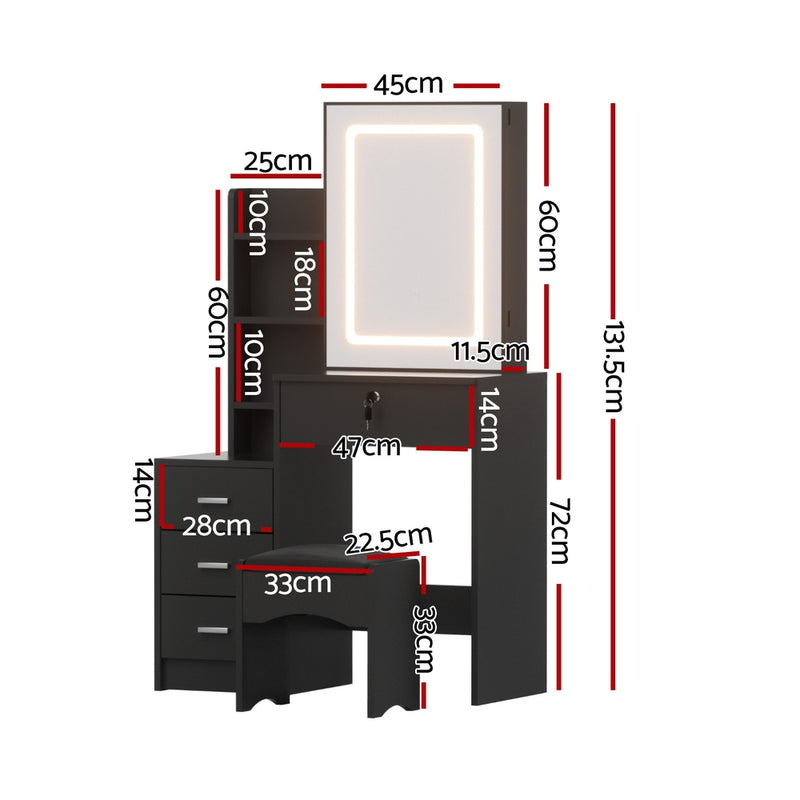 Dressing Table Vanity Desk Set Stool Led Black with illuminated mirror, storage shelves, drawers, and modern design