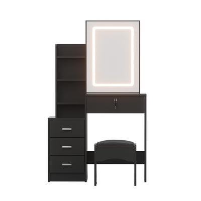 Dressing Table Vanity Desk Set Stool Led Black with sliding mirror, built-in LED lighting, multiple drawers, and open shelving.