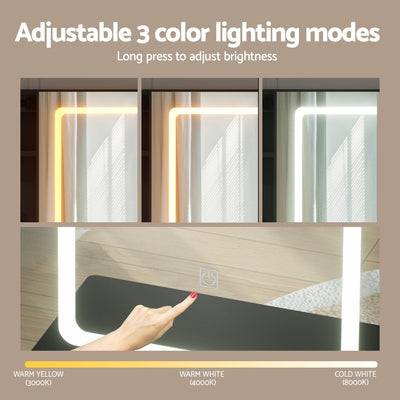 Dressing Table Vanity Desk Set Stool Led Black showing adjustable LED lighting modes with touch control for warm yellow, warm white, and cold white light