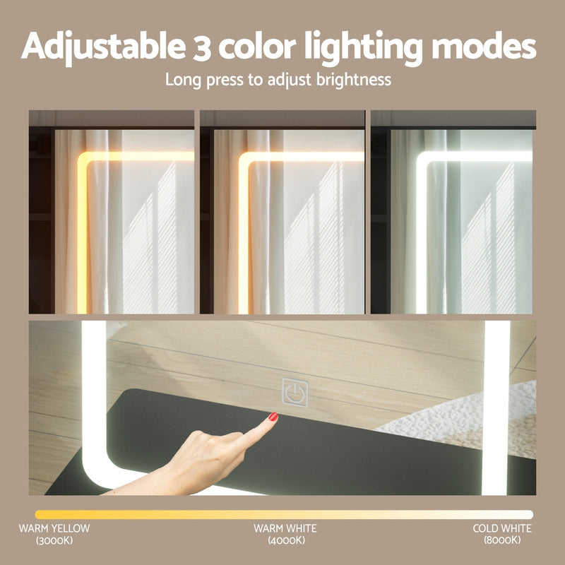 Dressing Table Vanity Desk Set Stool Led Black showing adjustable LED lighting modes with touch control for warm yellow, warm white, and cold white light