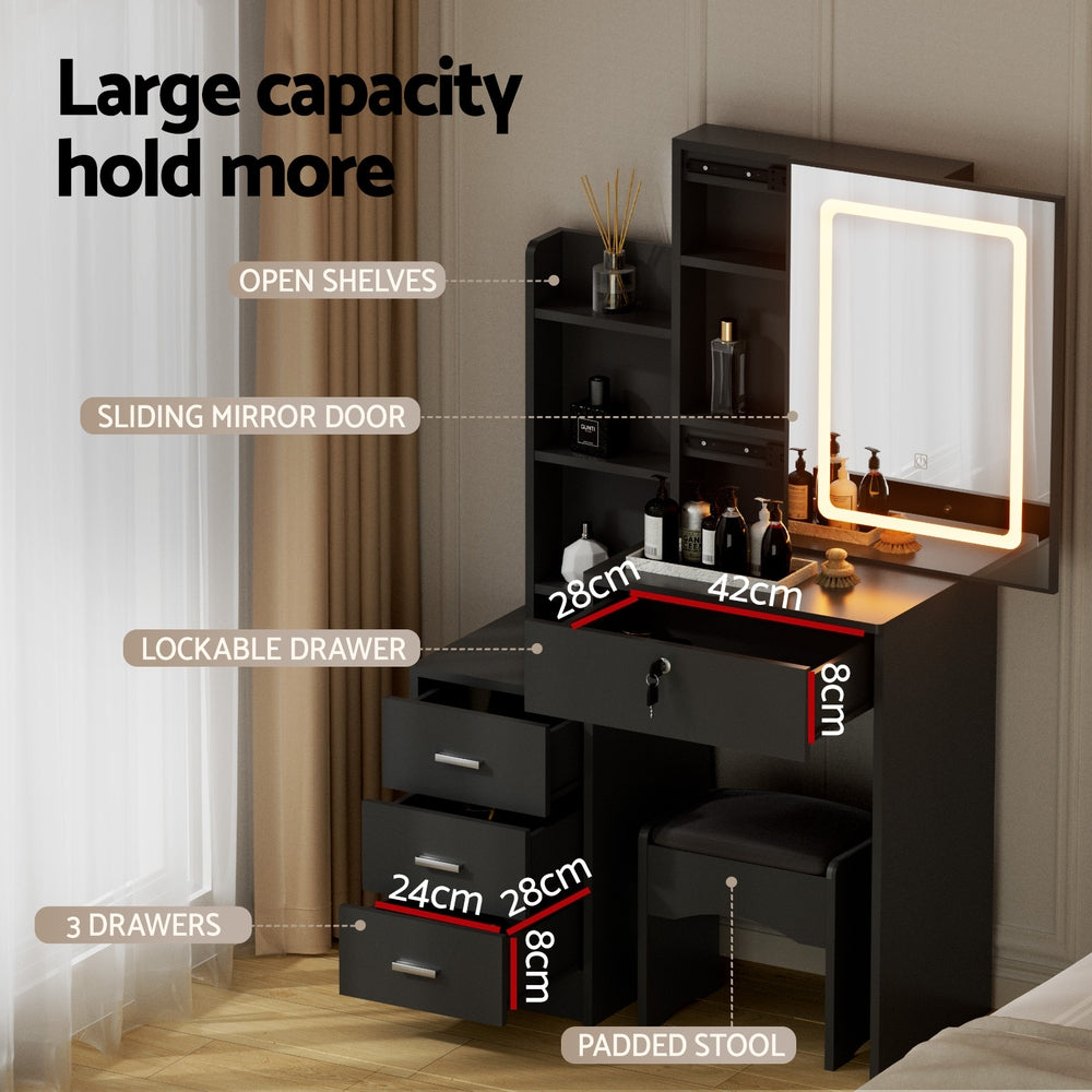 Dressing Table Vanity Desk Set Stool Led Black-6
