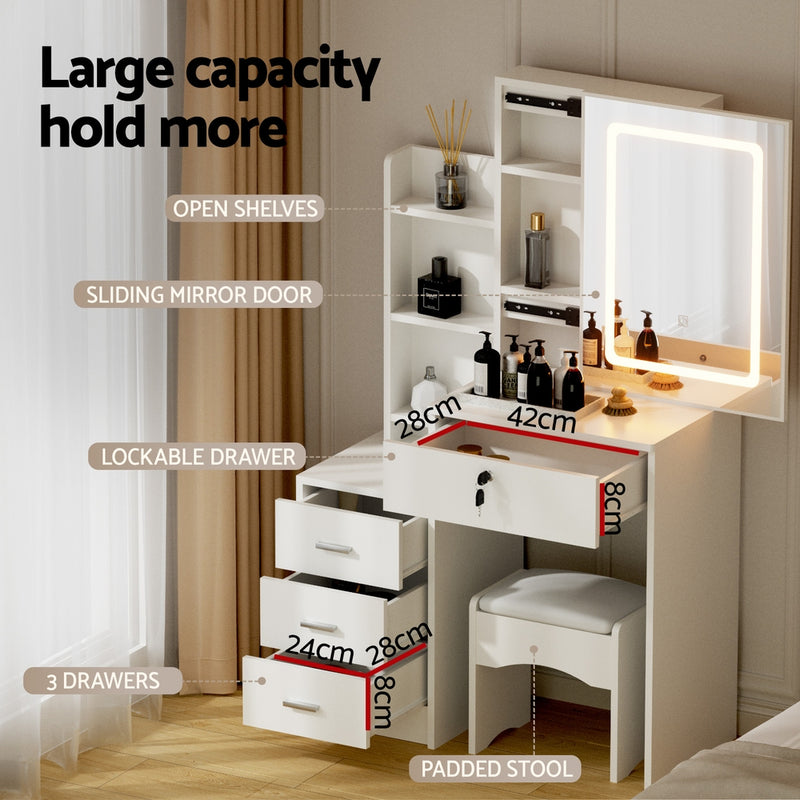 Dressing Table Vanity Desk Set Stool Led White with sliding mirror door, LED lighting, lockable drawer, open shelves, and padded stool