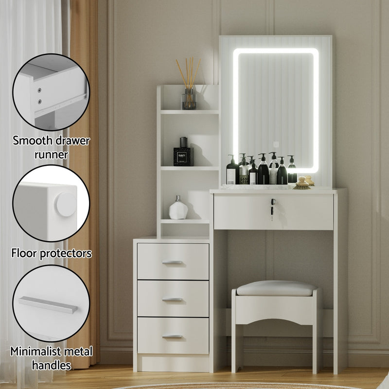 Dressing Table Vanity Desk Set Stool Led White with LED mirror, smooth drawer runners, floor protectors, and metal handles in bedroom setting