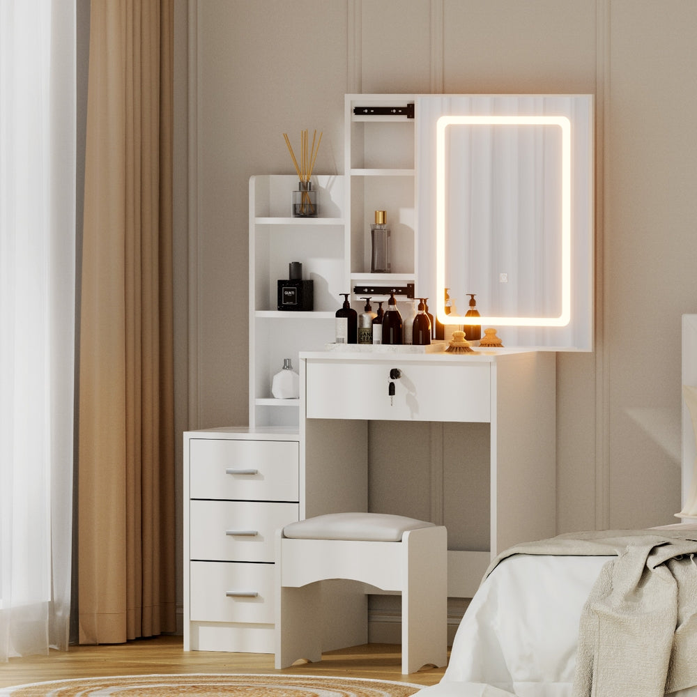 Dressing Table Vanity Desk Set Stool Led White with sliding mirror, LED lighting, storage shelves, and three drawers in bedroom setting