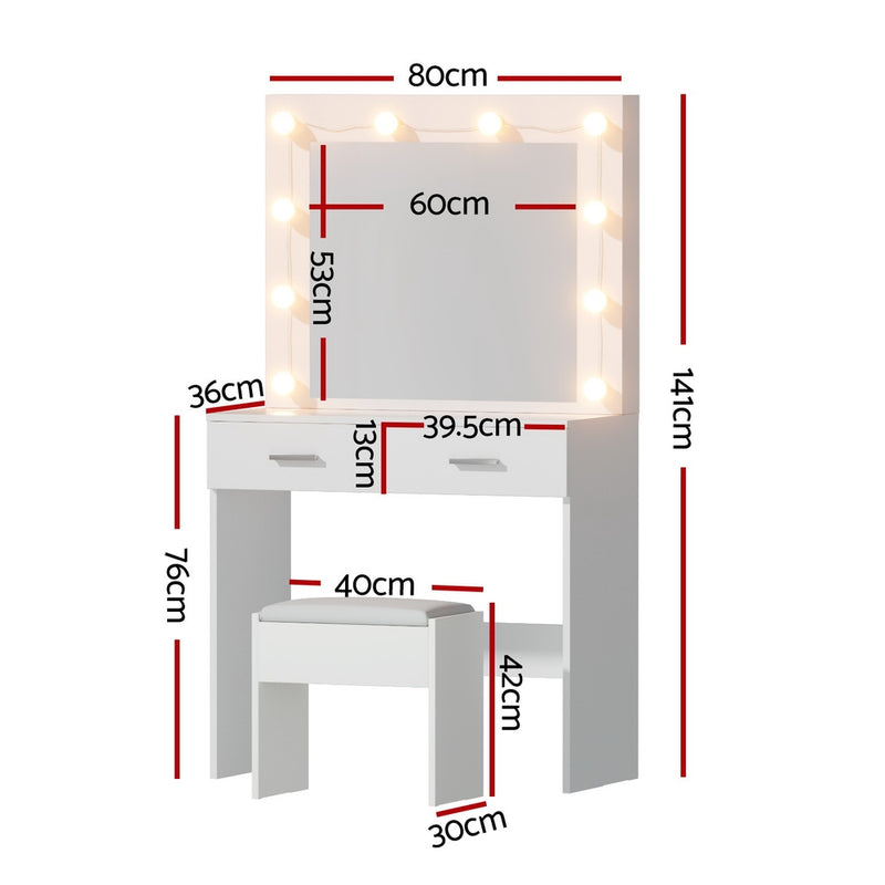 Dressing Table Vanity Desk Set Stool 10 Led Bulbs White with dimensions and illuminated mirror for bedroom furniture.