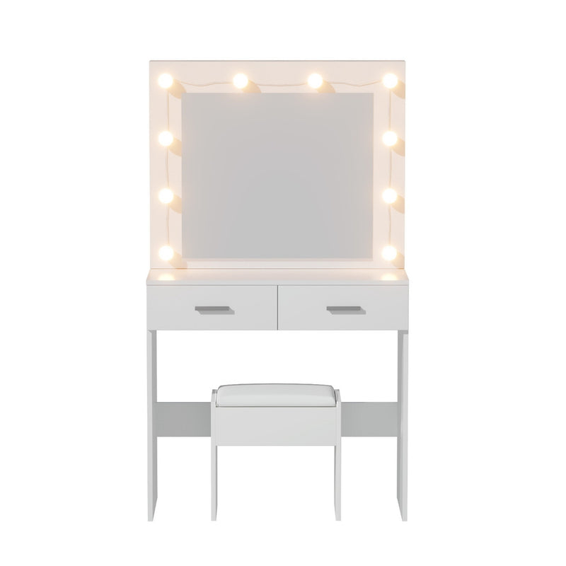 Dressing Table Vanity Desk Set Stool 10 Led Bulbs White with two drawers and cushioned stool on white background
