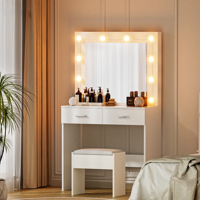 Dressing Table Vanity Desk Set Stool 10 Led Bulbs White with drawers and illuminated mirror in bedroom setting