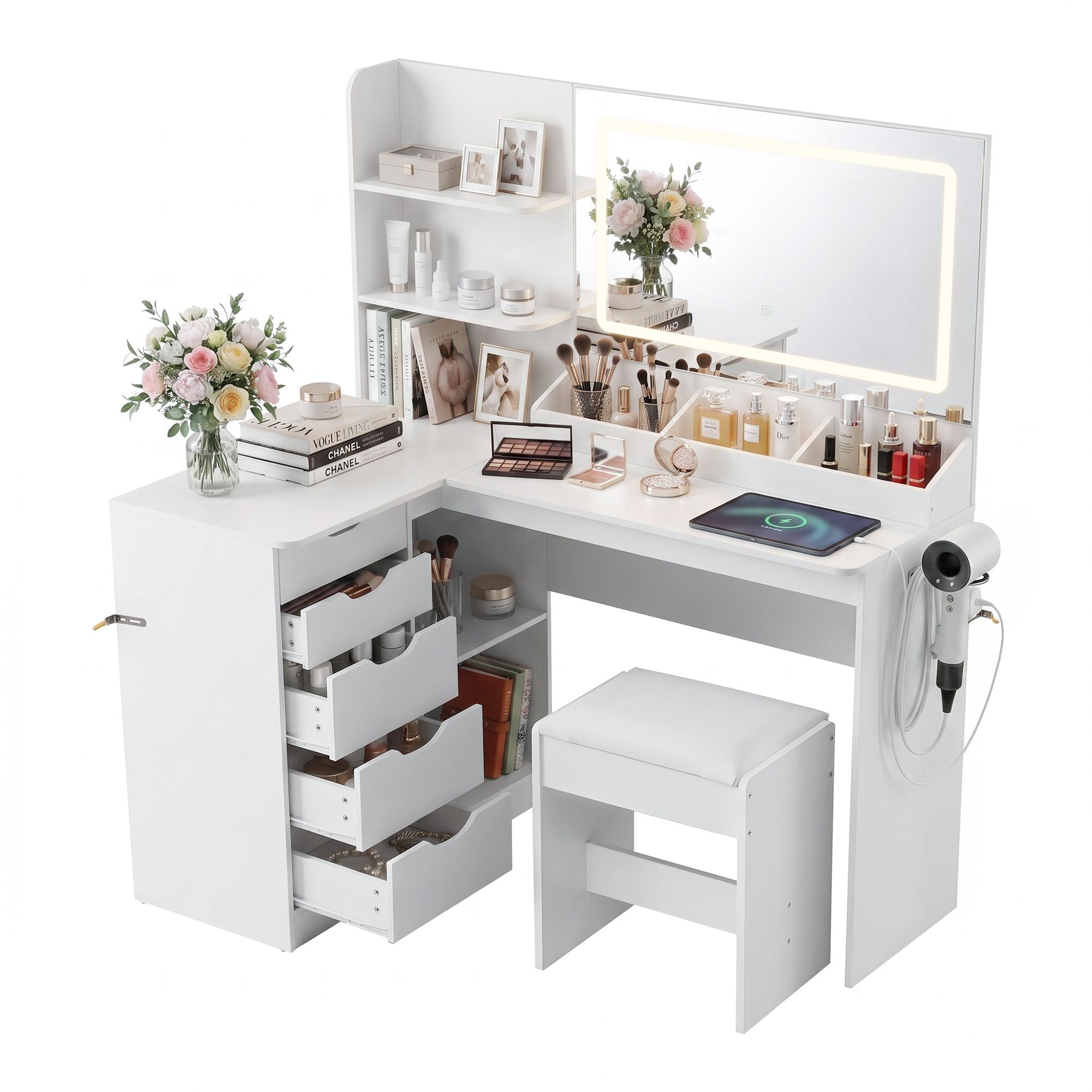 Dressing Table Corner Vanity Desk Set Stool LED Charging Station White