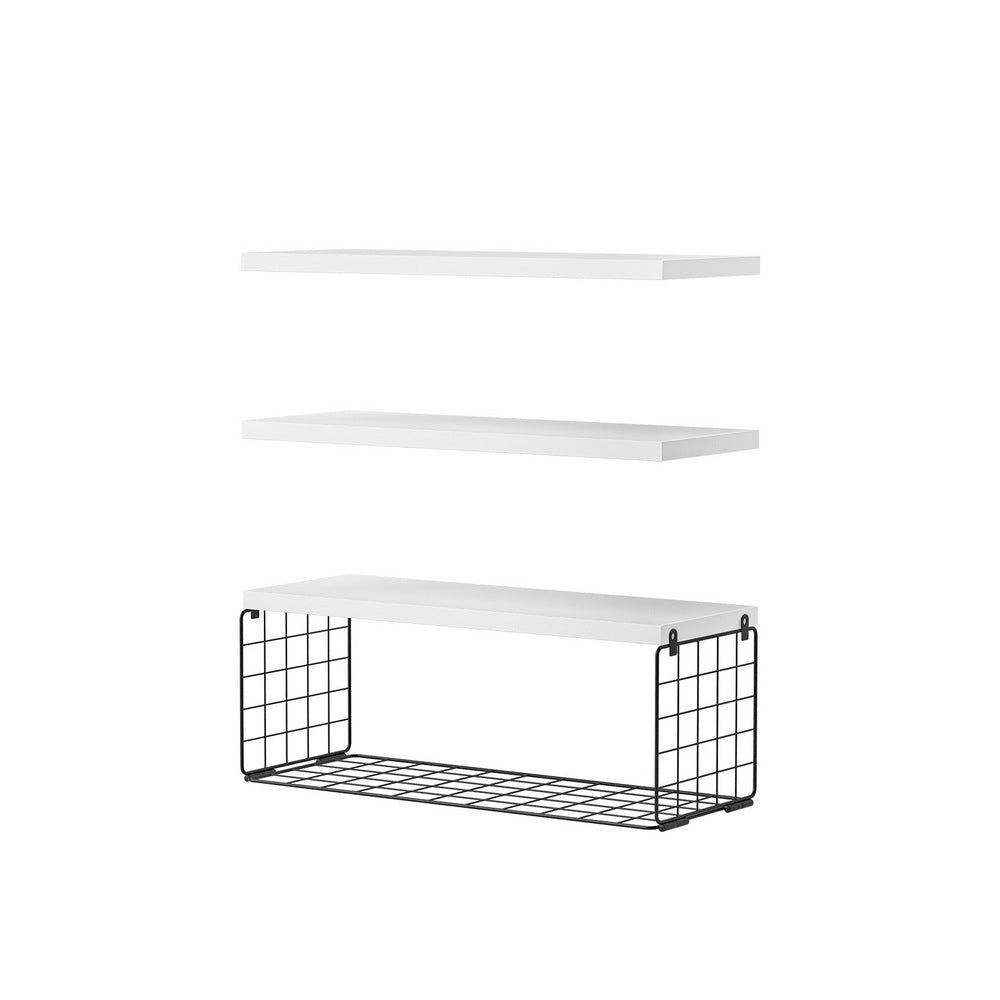 Floating Wall Shelf Set of 3 White with two solid shelves and one shelf with black metal wire basket storage on white background