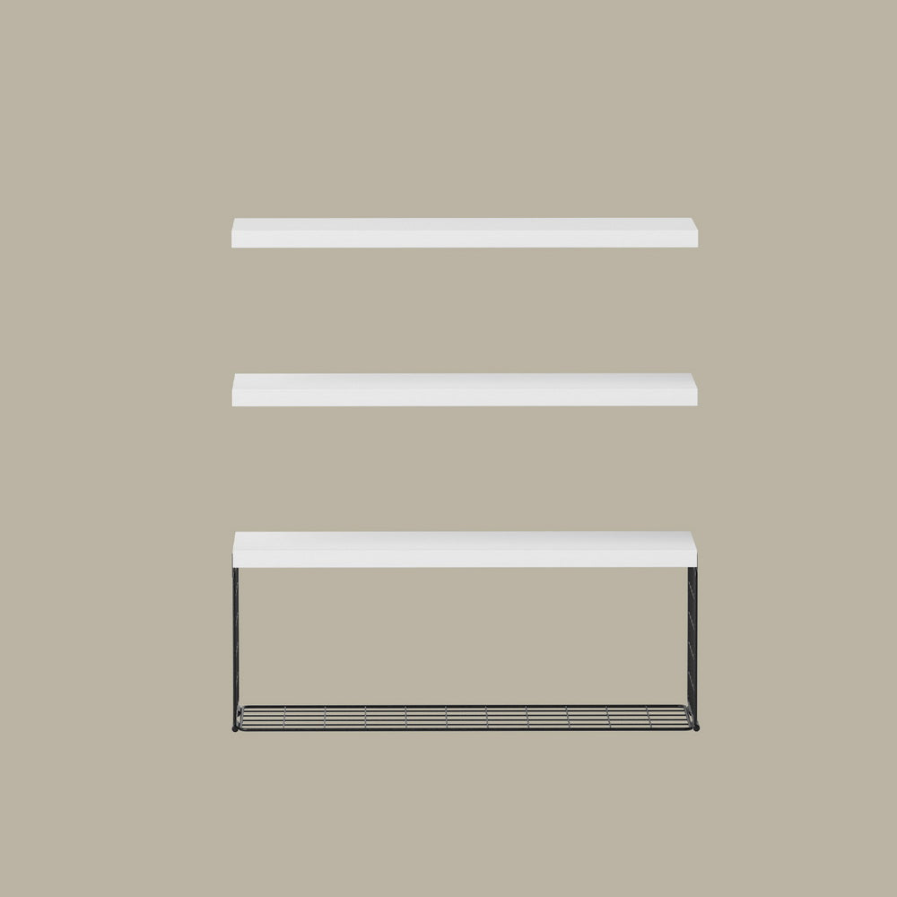 Floating Wall Shelf Set of 3 White with two solid shelves and one metal storage basket on neutral background