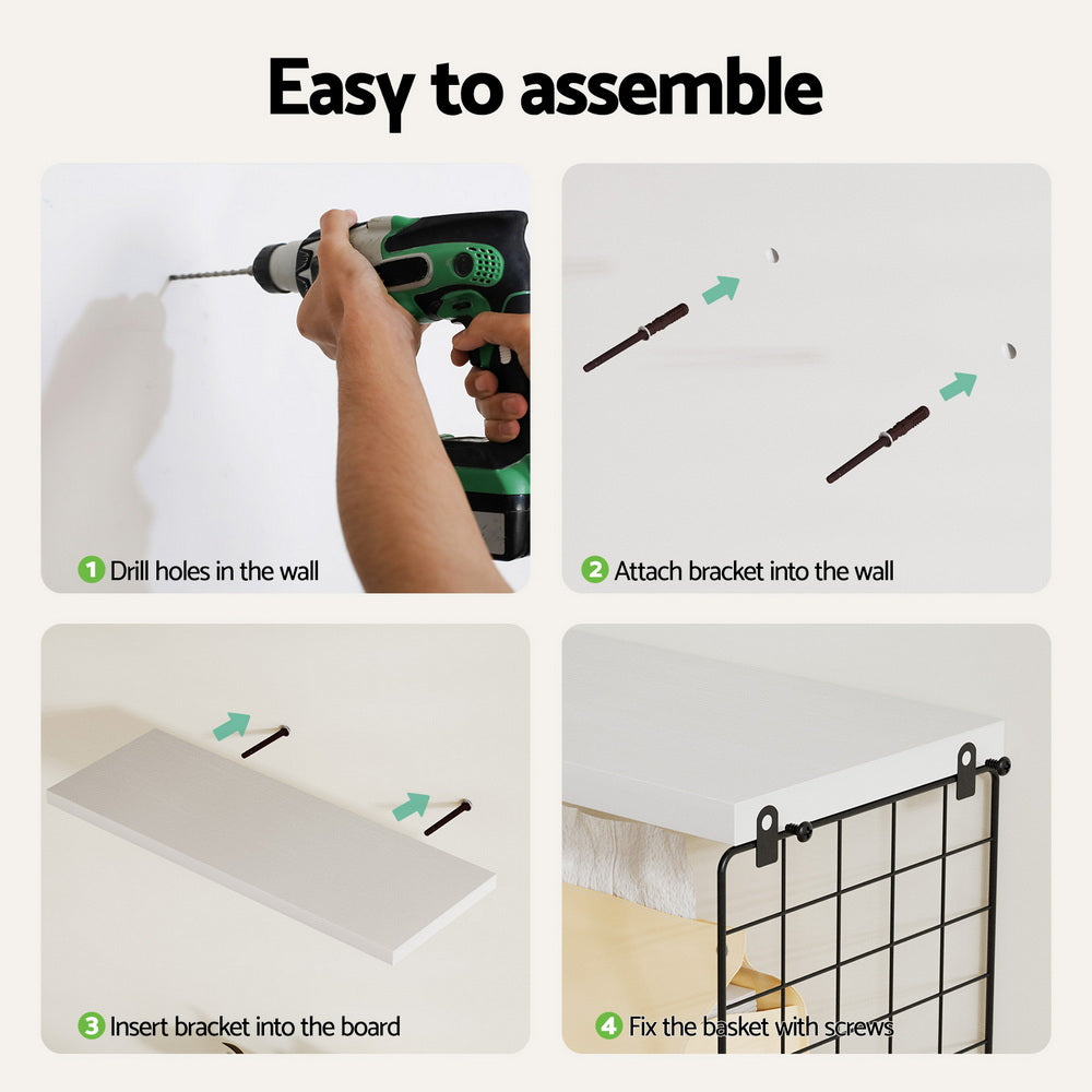 Assembly steps for Floating Wall Shelf Set of 3 White showing drilling, bracket attachment, and fixing metal basket with screws
