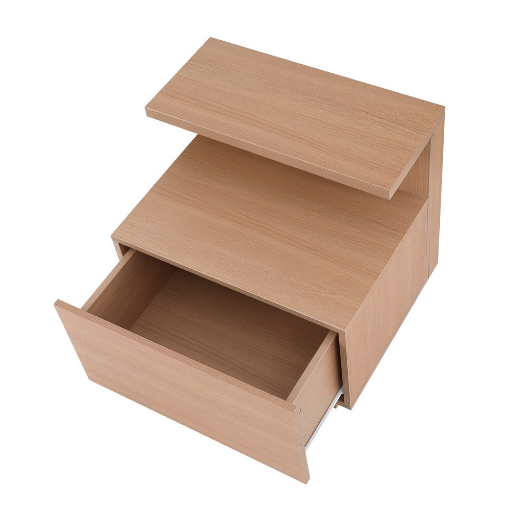 Contemporary Bedside Table with Shelf & Drawer - Pine in light wood finish with open drawer and shelf on white background