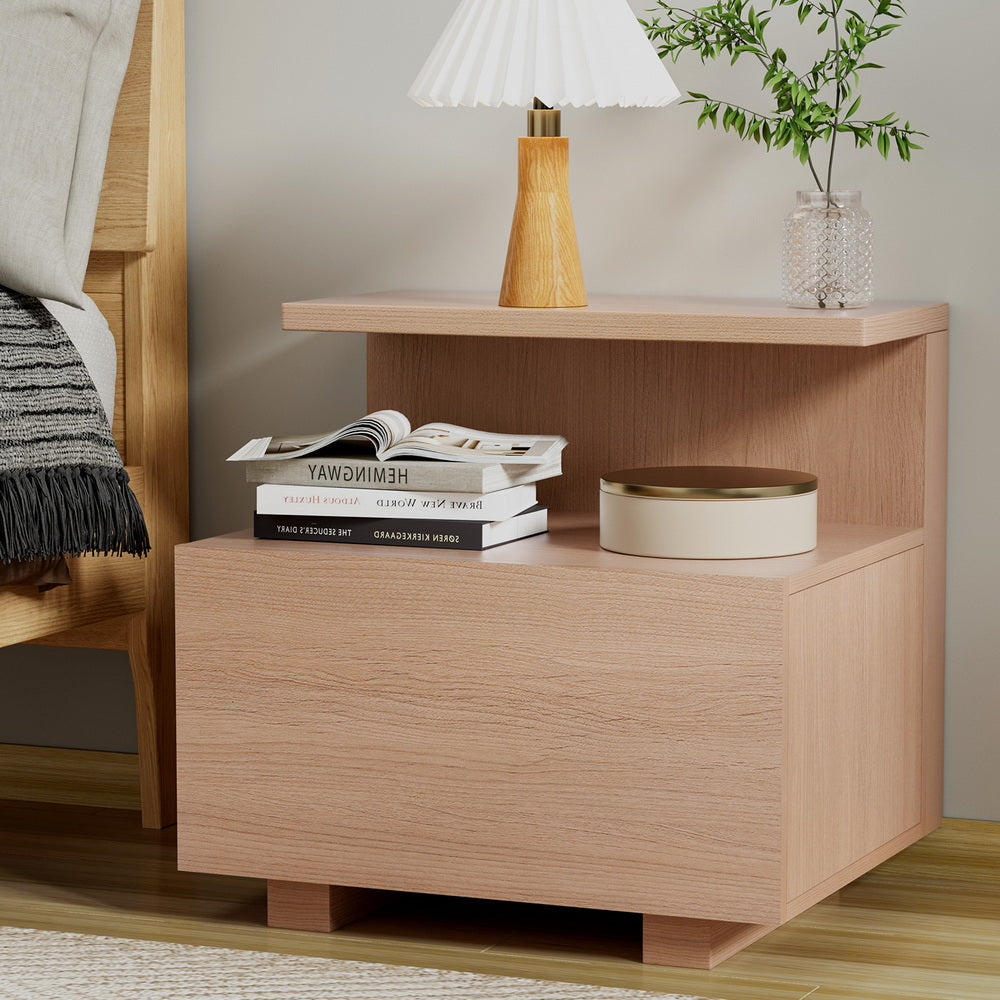 Contemporary Bedside Table with Shelf & Drawer - Pine, shown with lamp, books, and decorative vase in bedroom setting
