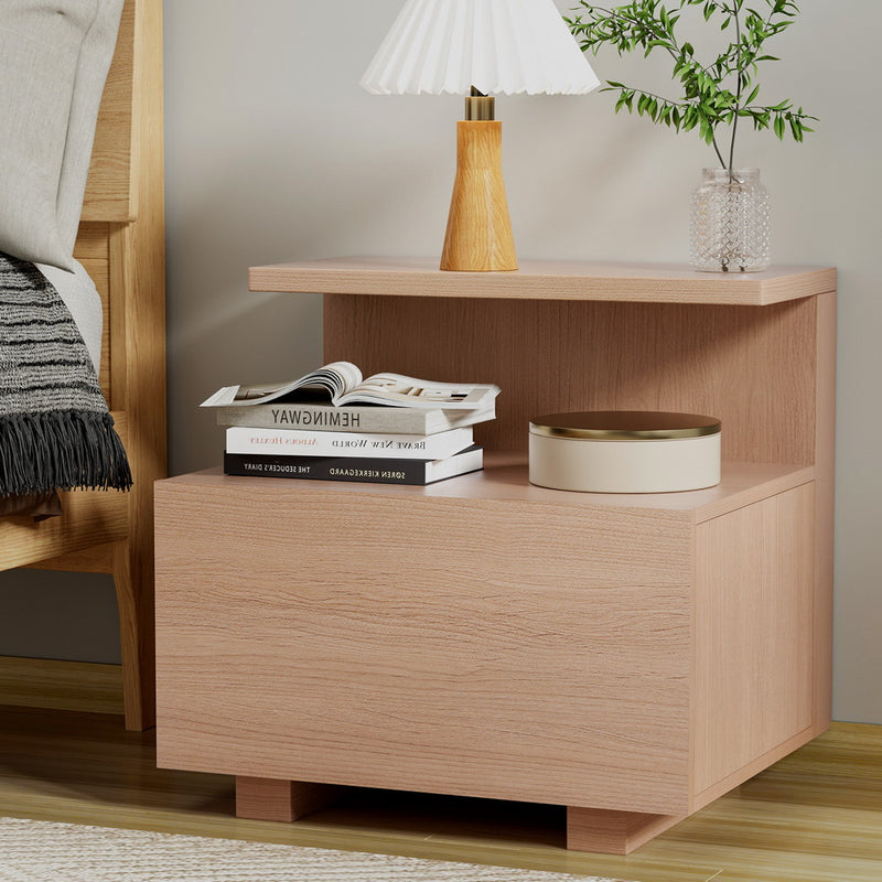 Contemporary Bedside Table with Shelf & Drawer - Pine, shown with lamp, books, and decorative vase in bedroom setting