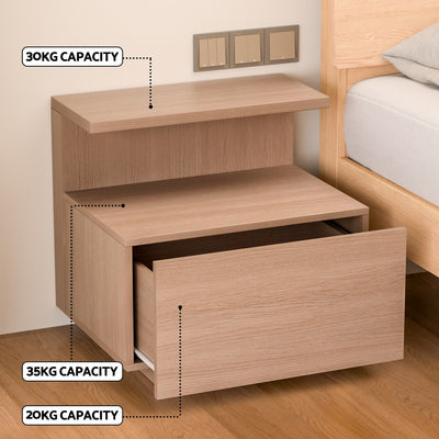 Contemporary Bedside Table with Shelf & Drawer - Pine showing open drawer and weight capacities in bedroom setting