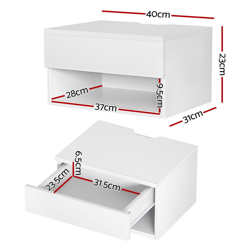 Floating Bedside Table Nightstand - White with drawer and open shelf, sleek modern bedroom furniture by Bedzy.