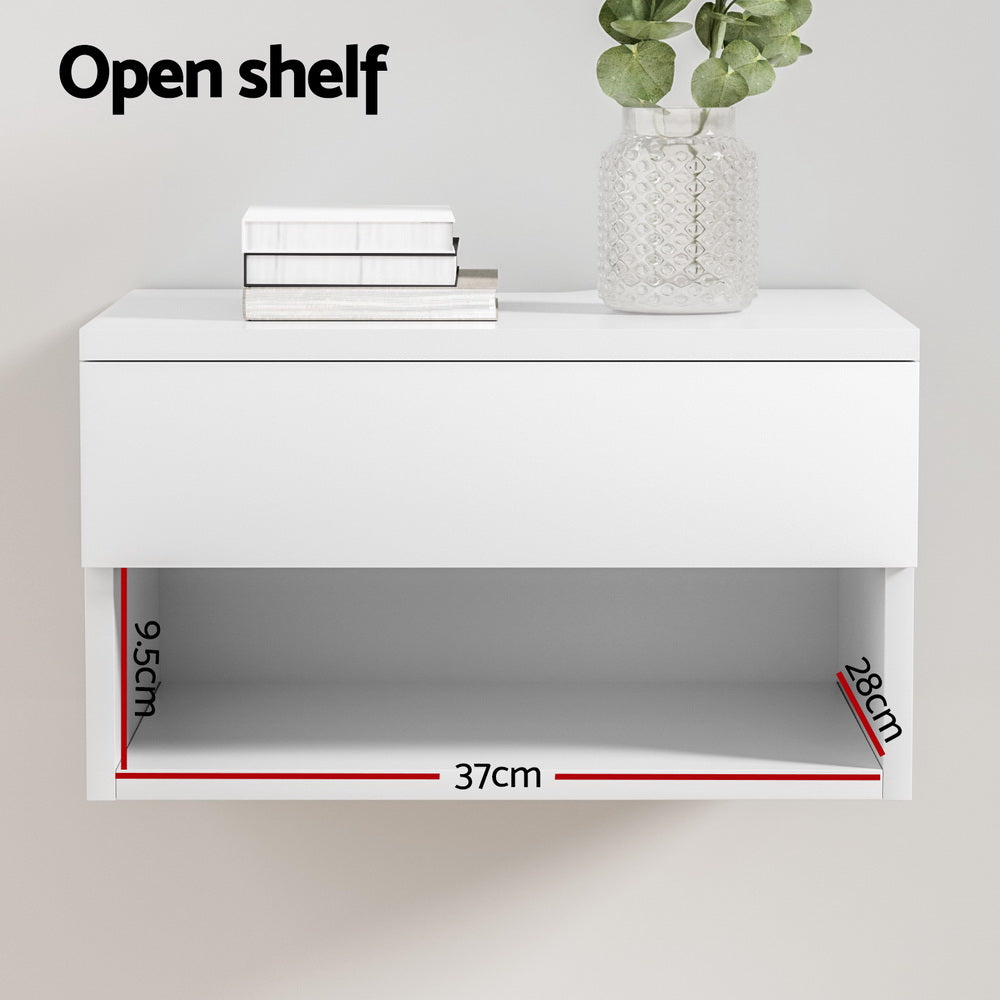 Floating Bedside Table Nightstand - White with open shelf, minimal design, and decorative items on top in bedroom setting